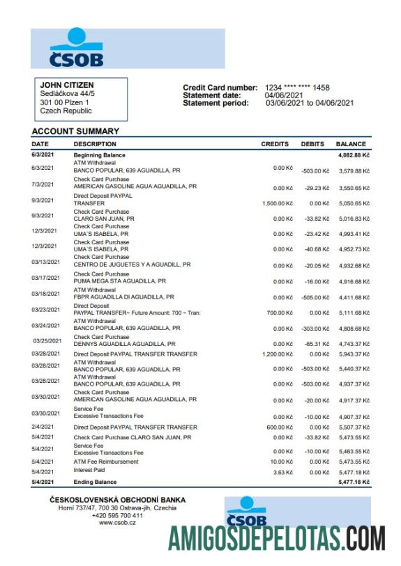 em branco República Tcheca Tchecoslováquia Banco comercial Extrato bancário fácil de preencher modelo em formato de arquivo .xls e .pdf
